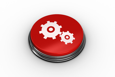 Composite image of cog and wheel on digitally generated red push button