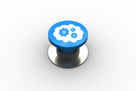 Composite image of cogs and wheels in cloud graphic on blue push button