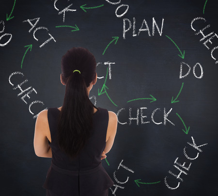Thoughtful businesswoman against blackboard with business buzzwordsの写真素材