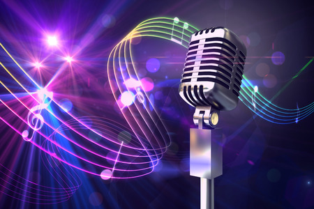 Retro chrome microphone against digitally generated music symbol designの写真素材