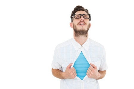 Geeky hipster opening shirt superhero style on white background
