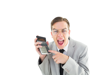 Geeky cheering businessman holding calculator on white backgroundの写真素材