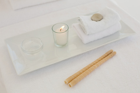 Close-up of towel and other spa objectsの写真素材