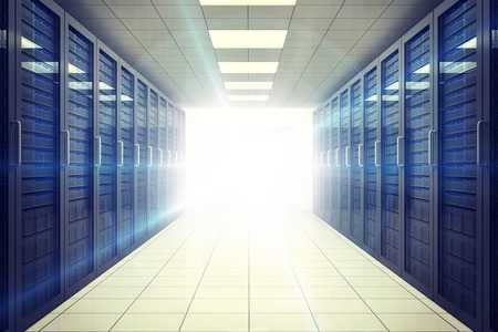 Digitally generated server room with towers and light
