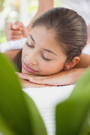 Beautiful brunette enjoying a herbal compress massage at the health spaの写真素材