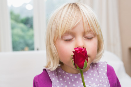 Cute little girl holding a red rose at home in the living roomの写真素材