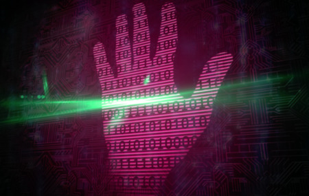 Pink technology hand print binary design on black background