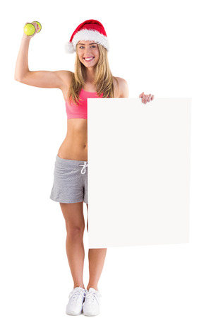 Festive fit blonde showing poster on white backgroundの写真素材