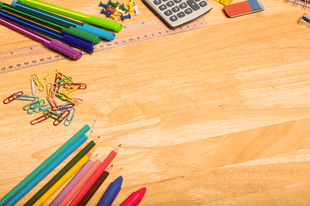 Overhead shot of pupils desk with copy spaceの写真素材