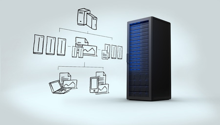 Cloud computing doodle against digitally generated black server tower