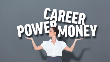 Composite image of smiling business person presenting grey background with textの写真素材