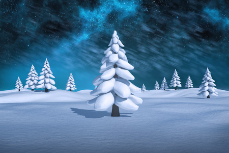 White snowy landscape with fir trees against aurora night sky in blueの写真素材