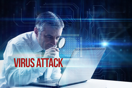 The word virus attack and mature businessman examining with magnifying glass against blue technology...