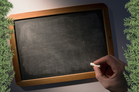 Composite image of green fir branches against hand holding chalk over chalkboard