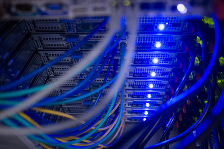 Interior of rack mounted servers close up in data center
