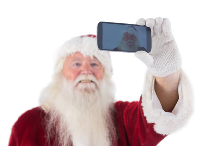 Santa Claus makes a selfie on white backgroundの写真素材