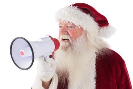 Santa Claus is using a megaphone on white backgroundの写真素材