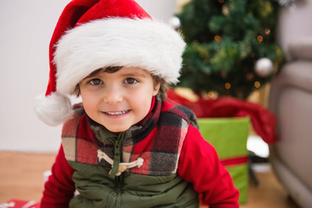 Cute festive little boy smiling at camera at home in the living room