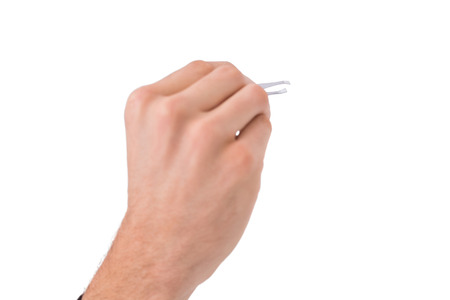 Hand of businessman using tweezers on white backgroundの写真素材