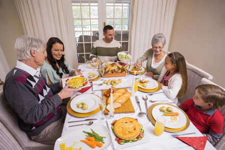 Three generation family having christmas dinner together at home in the living roomの写真素材