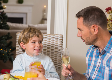 Portrait of father and son holding glass at home in the living roomの写真素材