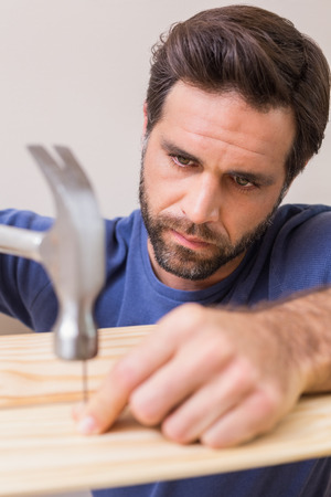 Casual man hammering nail in plank at home in the living roomの写真素材