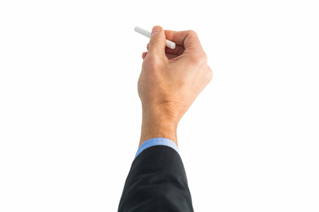 Hand writing with a white chalk on white backgroundの写真素材