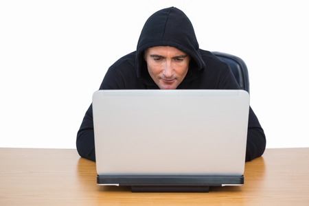 Burglar in hood jacket using laptop on white bakcgorund