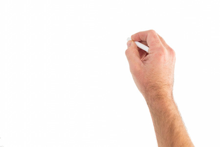 Hand writing with chalk on white backgroundの写真素材