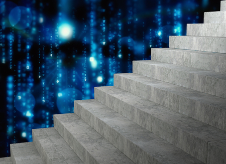 Grey steps against digitally generated black and blue matrix