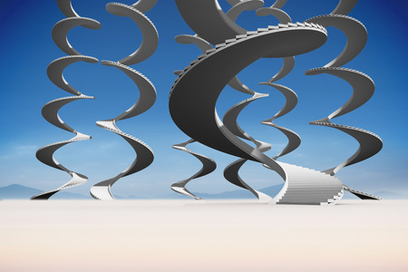 Winding stairs against serene landscape