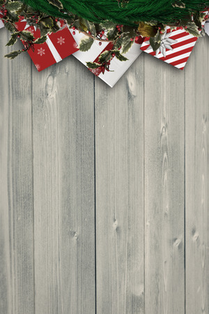 Festive christmas wreath against bleached wooden planks backgroundの写真素材