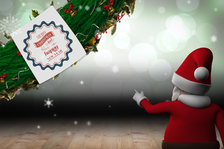 Cute cartoon santa claus against shimmering light design over boardsの写真素材