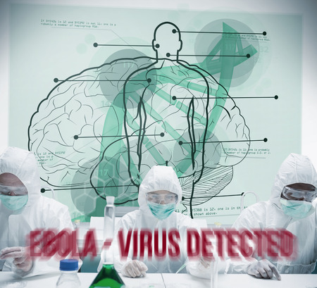 Chemists working in protective suit with futuristic interface showing scientific diagrams with body, brain and dnaの写真素材