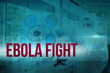 Scientist in protective suit working with cell diagram interface against ecg line in blue and blackの写真素材