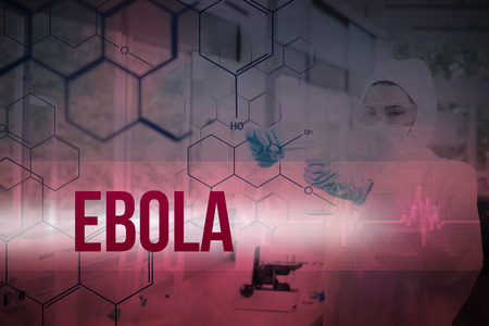 Chemist in protective suit working with futuristic interface with formula diagram against ecg line in red and blackの写真素材