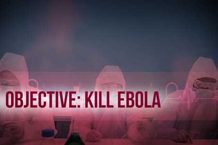 Chemists working in protective suits against ecg line in red and blackの写真素材