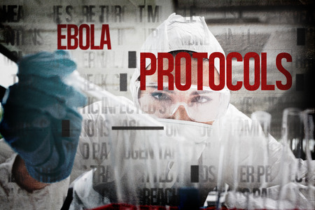 Close up of a protected science student dropping liquid in a test tube against ebola wordsの写真素材