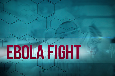 Chemist working cautiously with liquid and futuristic interface showing formula against ecg line in blue and blackの写真素材