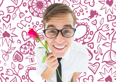 Romantic geeky hipster against valentines patternの写真素材