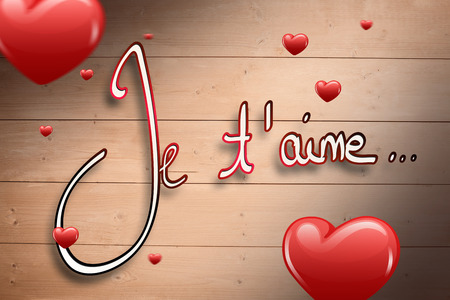 Hearts against overhead of wooden planksの写真素材