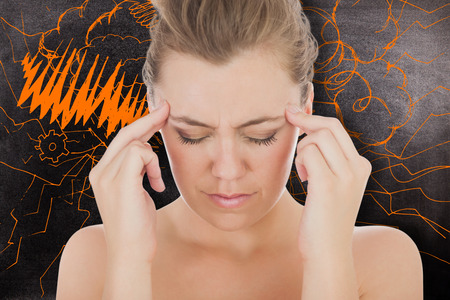 Woman with headache against black backgroundの写真素材