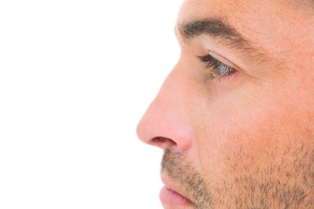 Close man looking on the side on white background