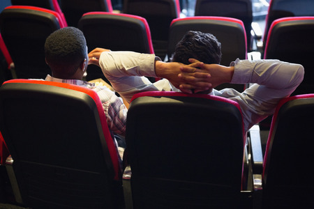 Young friends watching a film at the cinemaの写真素材