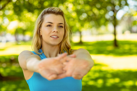 Fit blonde stretching in the park on a sunny dayの写真素材
