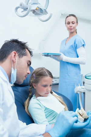 Male dentist teaching girl how to brush teeth in the dentists chairの写真素材