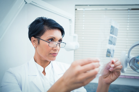 Concentrated female dentist looking at x-rayの写真素材