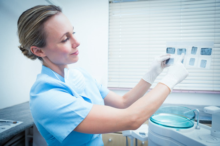 Side view of concentrated female dentist looking at x-rayの写真素材