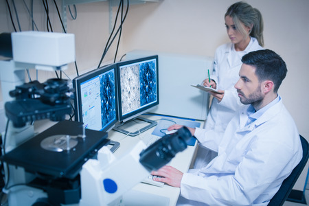 Science students looking at microscopic images at the university
