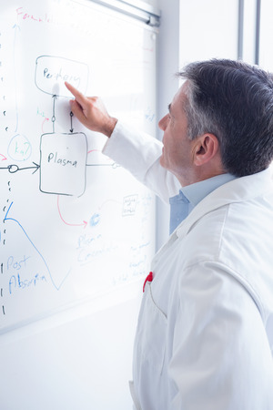 Focused scientist pointing equation on whiteboard in laboratoryの写真素材